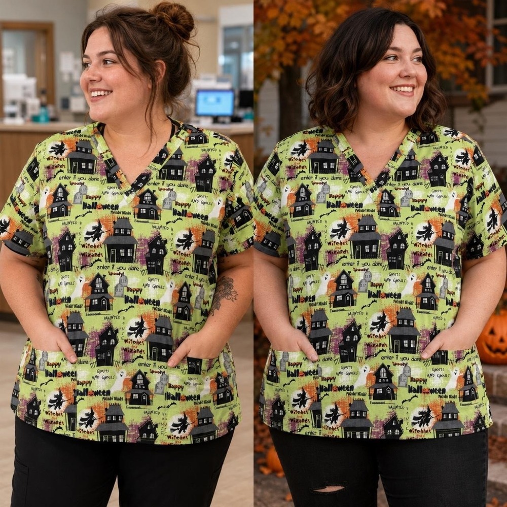 Tafford Halloween Scrub Top Women 2X Green Haunted House Witch Nurse Spooky